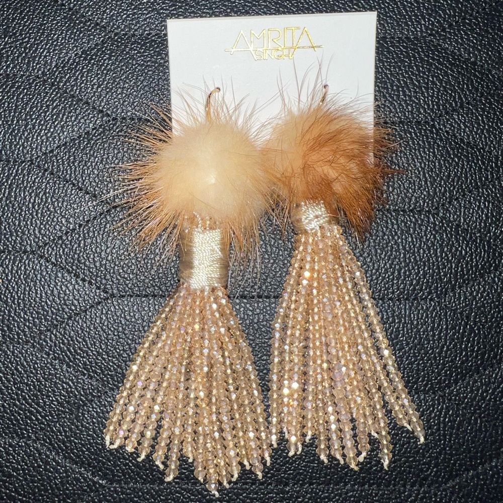 Neiman Marcus Amrita Singh Mink REAL fur crystal dangle earrings, gold and brown